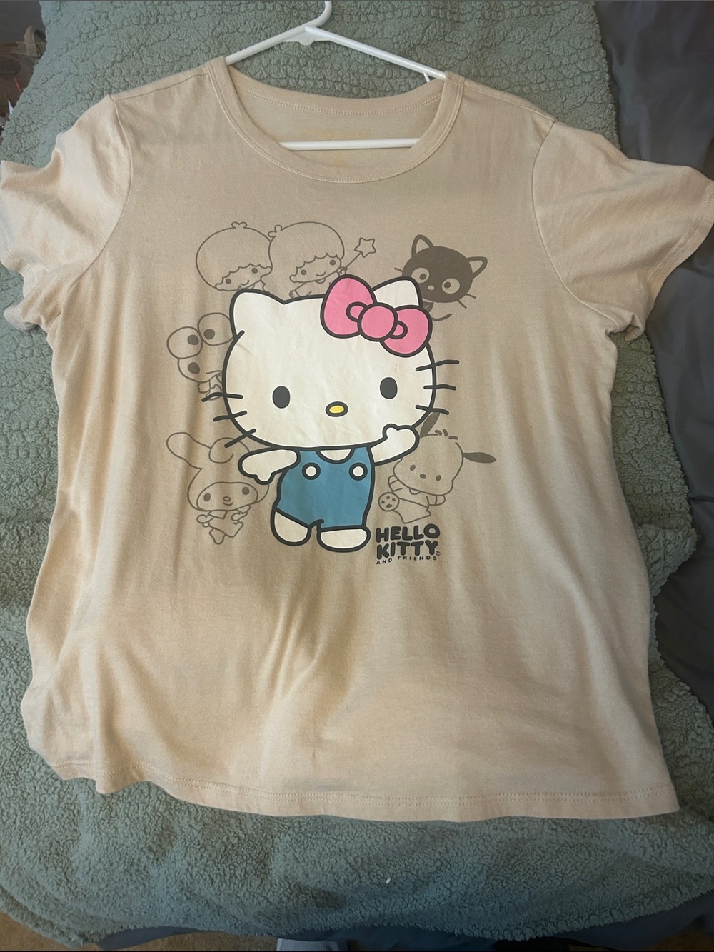 Hello Kitty Cream Tee with Pink Bow and Blue Overalls